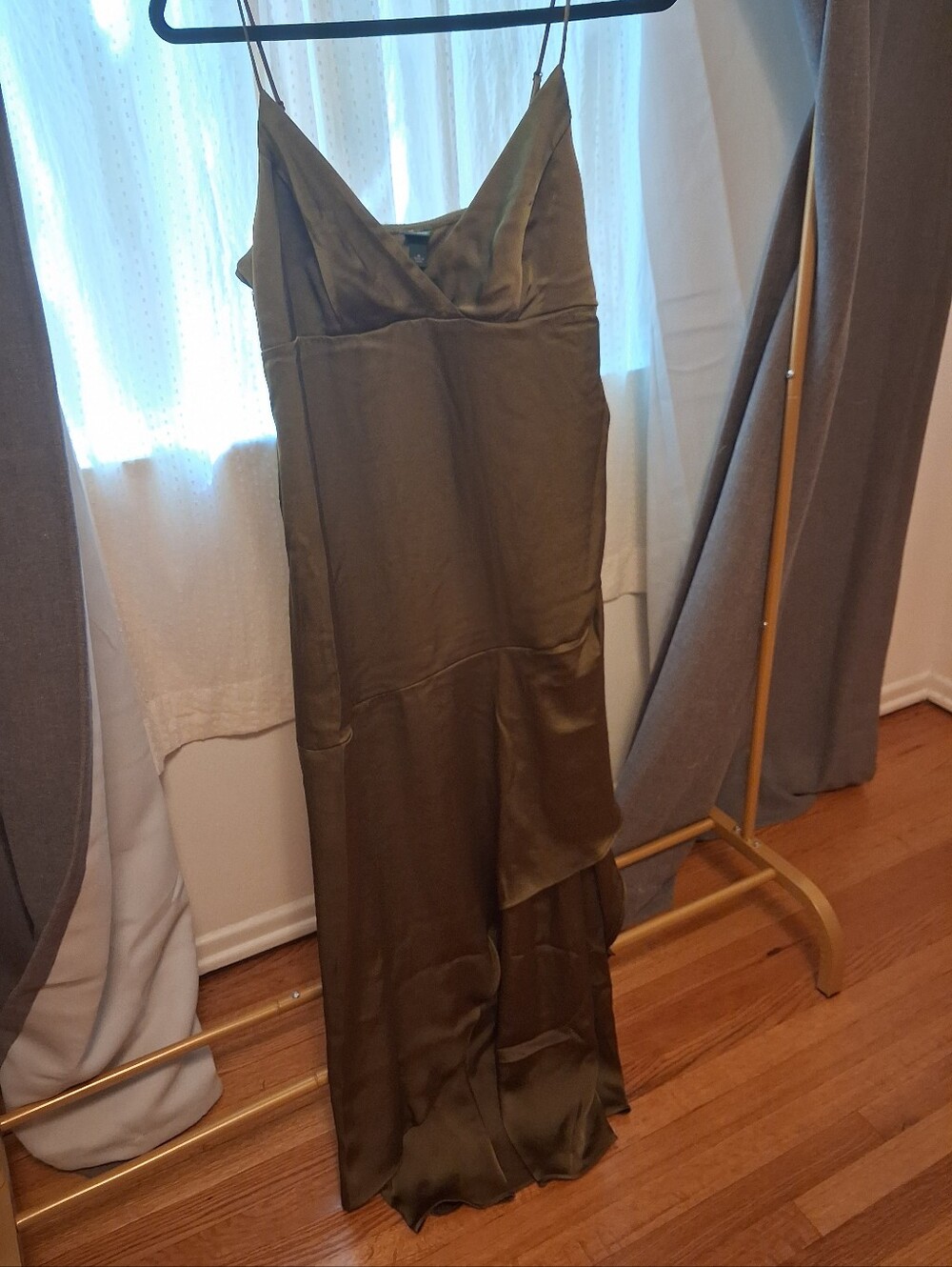 Wild Fable Asymmetrical Satin Dress in Olive